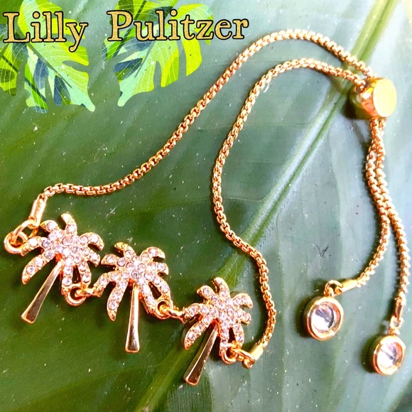 Lilly Pulitzer NWT Sparkling PALM TREE BRACELET ⭐️GOLD CHAIN /CRYSTAL-Adjustable - Picture 1 of 10